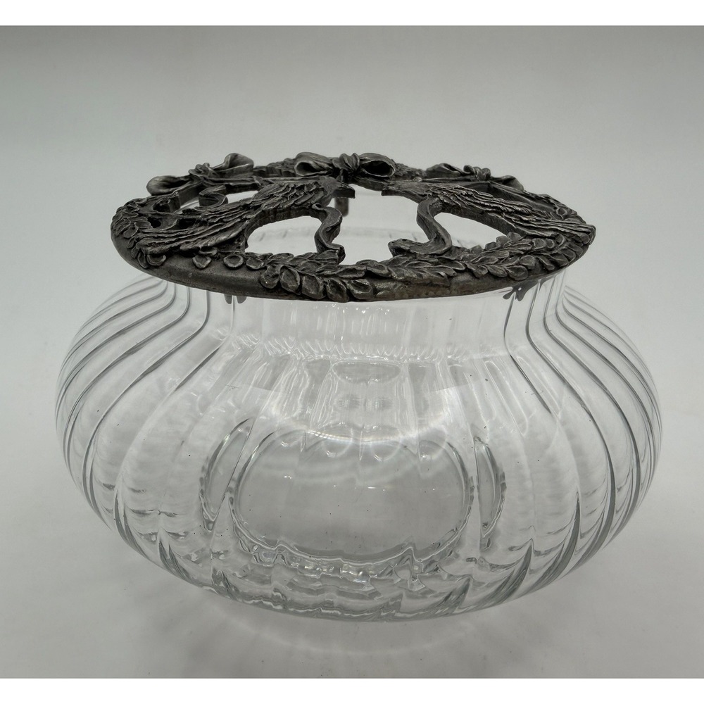 Vintage Pewter & Ribbed Glass Doves Wreath Christmas Potpourri Jar '93 Rawcliffe - Picture 2 of 8